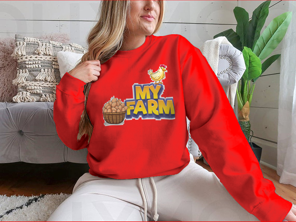 My Farm T-shirt featuring a whimsical chicken and eggs illustration, made from a soft cotton/polyester blend.