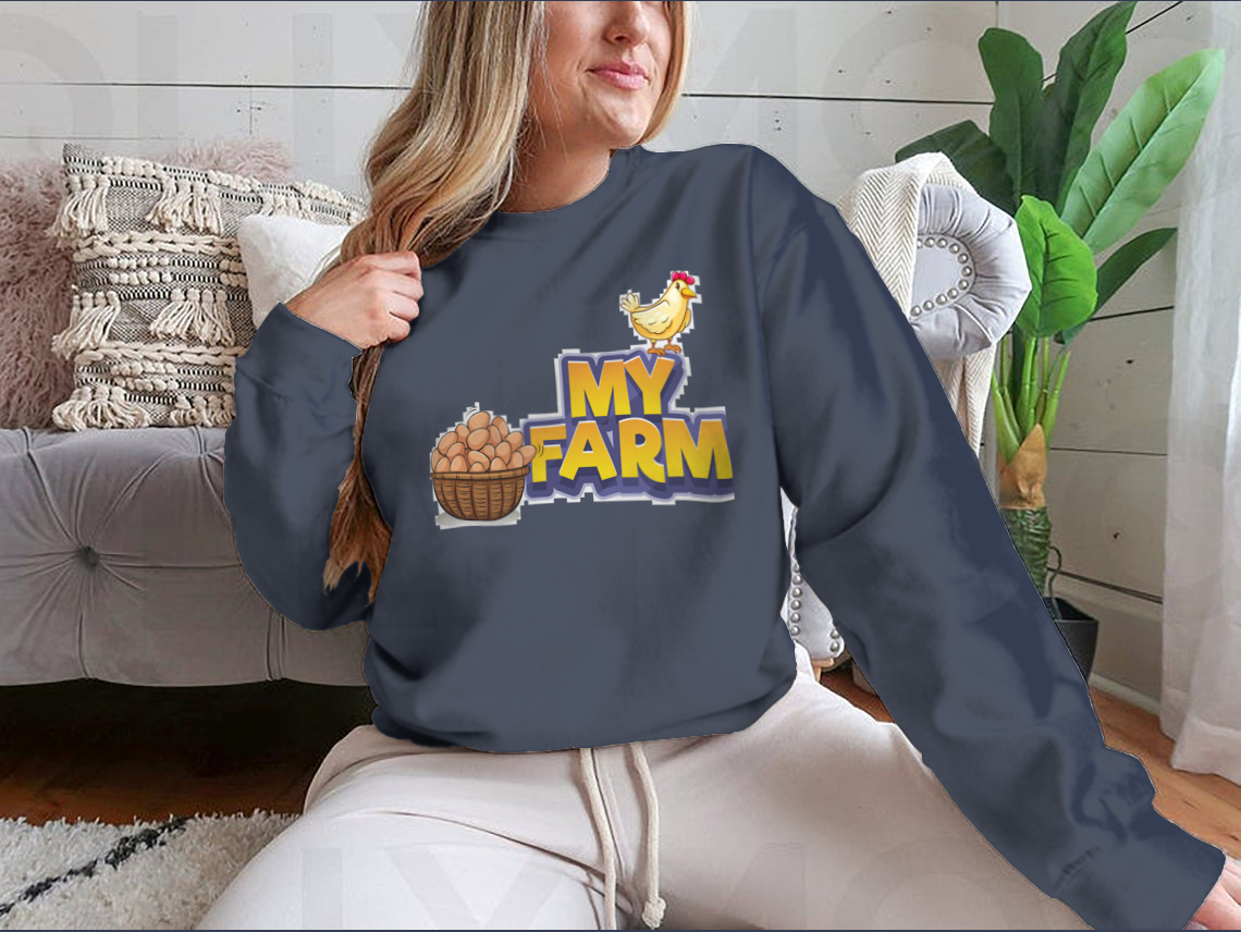 My Farm T-shirt featuring a whimsical chicken and eggs illustration, made from a soft cotton/polyester blend.