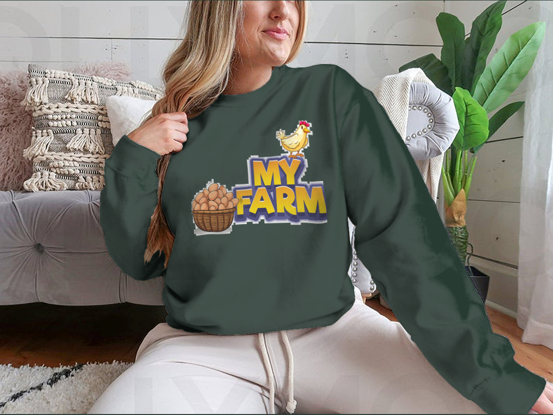 My Farm T-shirt featuring a whimsical chicken and eggs illustration, made from a soft cotton/polyester blend.