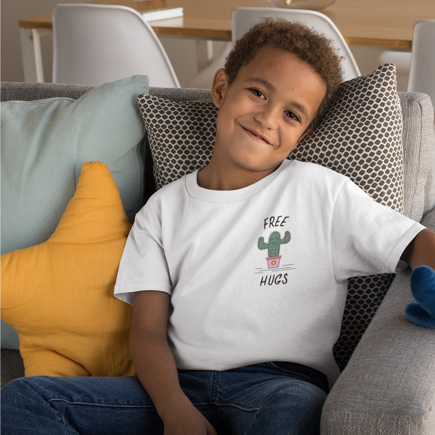 Free Hugs Kid Organic Cotton Tee featuring a playful cactus design, made from 100% organic cotton.