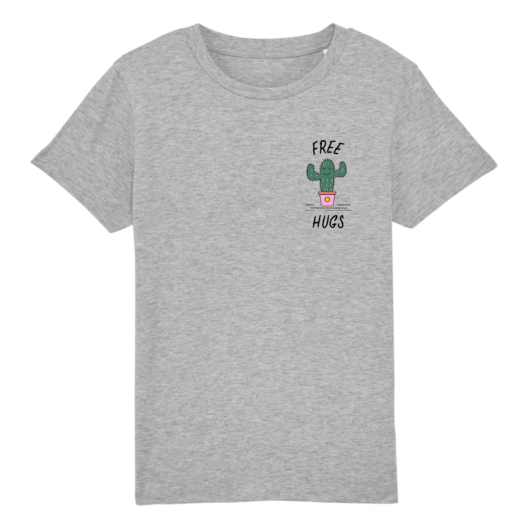 Free Hugs Kid Organic Cotton Tee featuring a playful cactus design, made from 100% organic cotton.