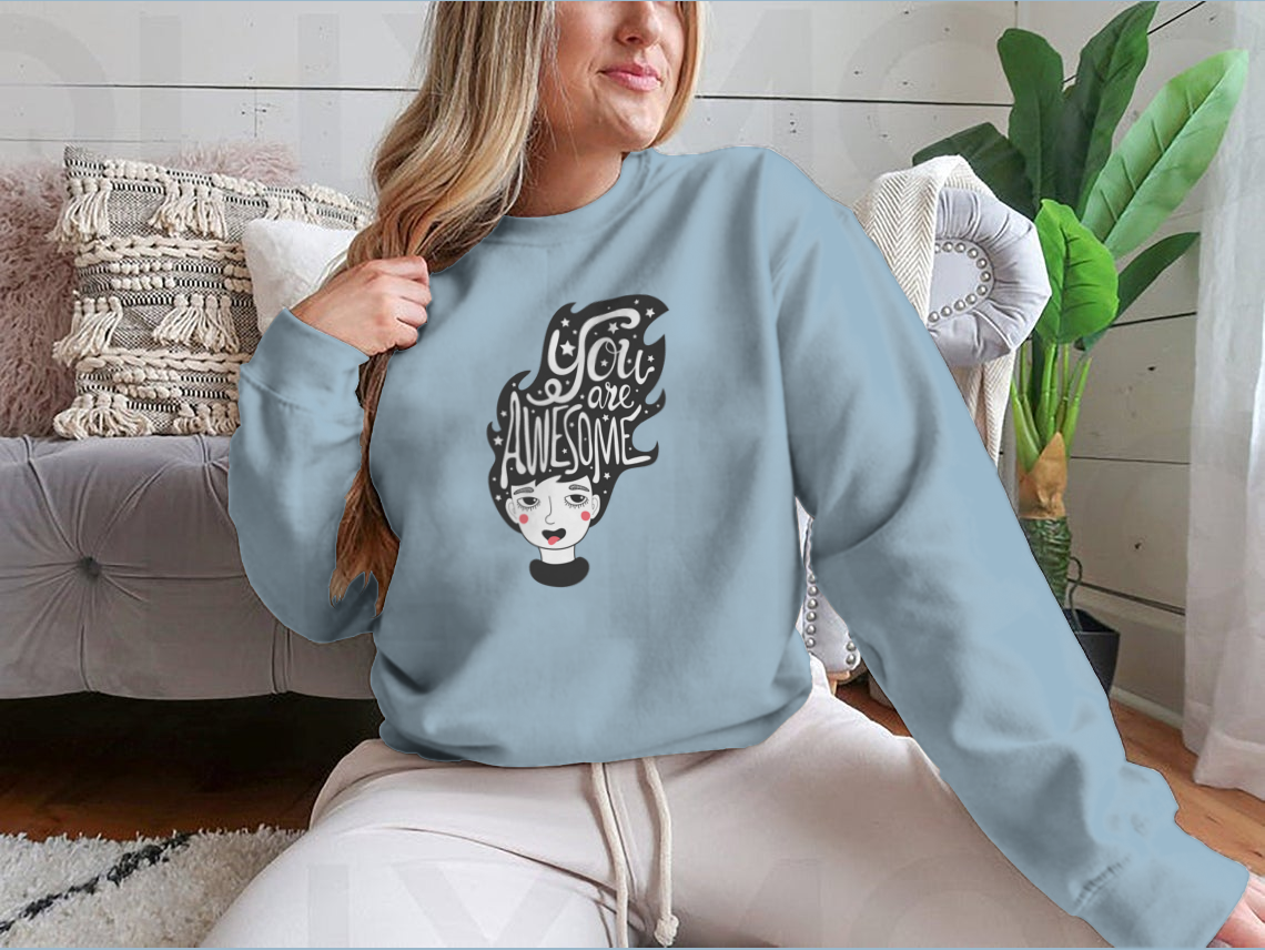 A cozy sweatshirt featuring a funny long hair woman design surrounded by stars, perfect for casual wear.