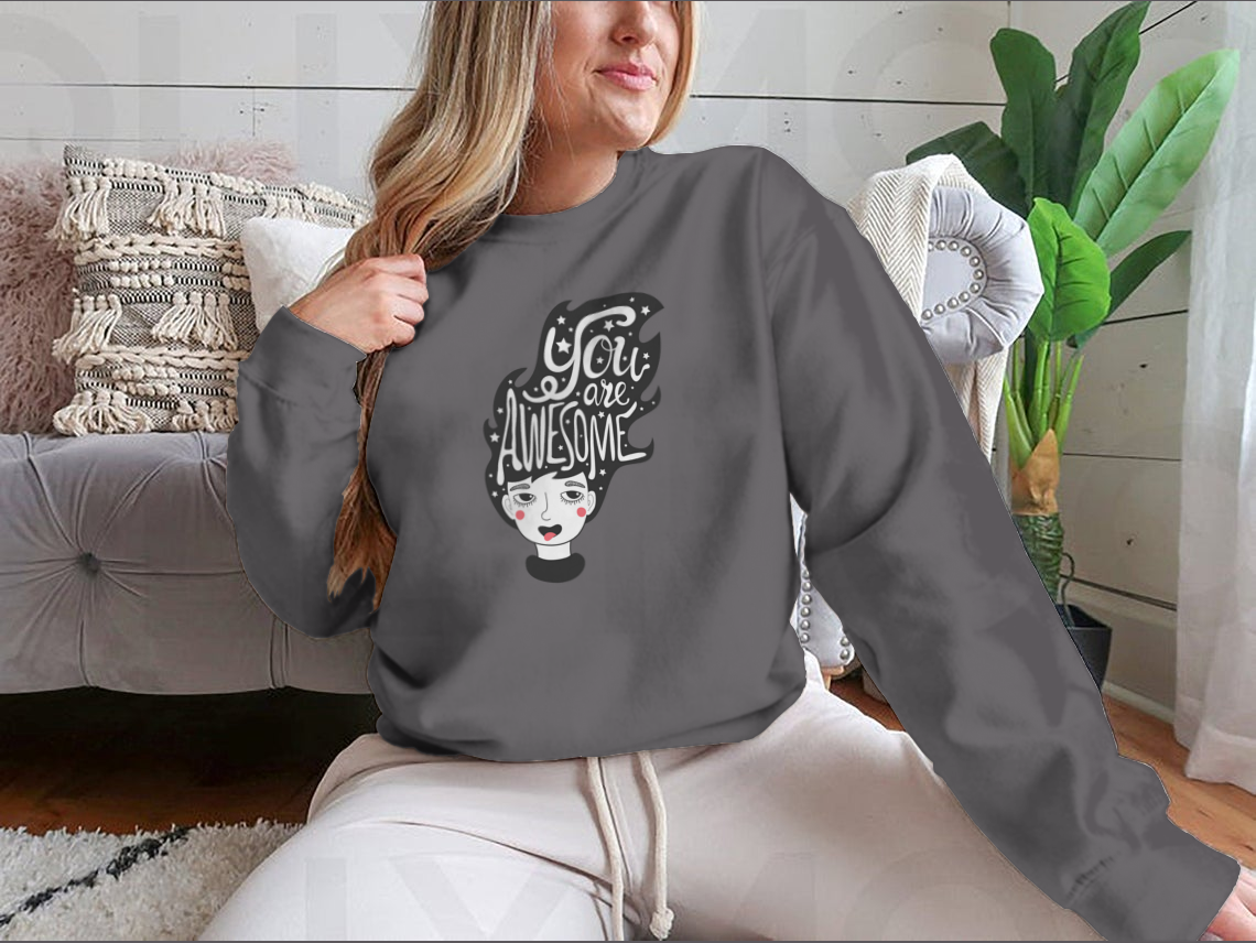 A cozy sweatshirt featuring a funny long hair woman design surrounded by stars, perfect for casual wear.