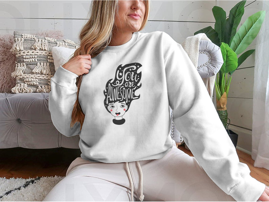 A cozy sweatshirt featuring a funny long hair woman design surrounded by stars, perfect for casual wear.