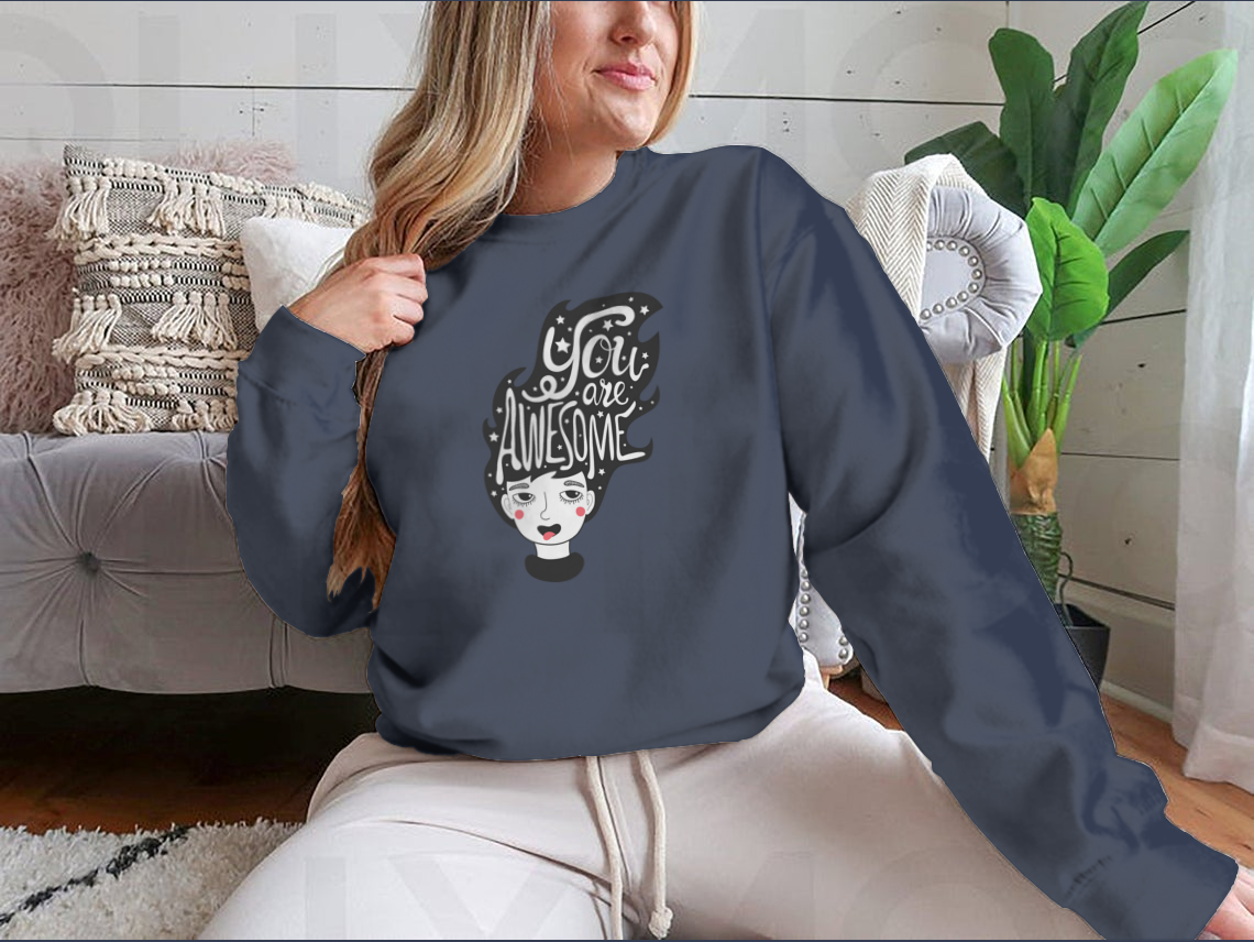 A cozy sweatshirt featuring a funny long hair woman design surrounded by stars, perfect for casual wear.