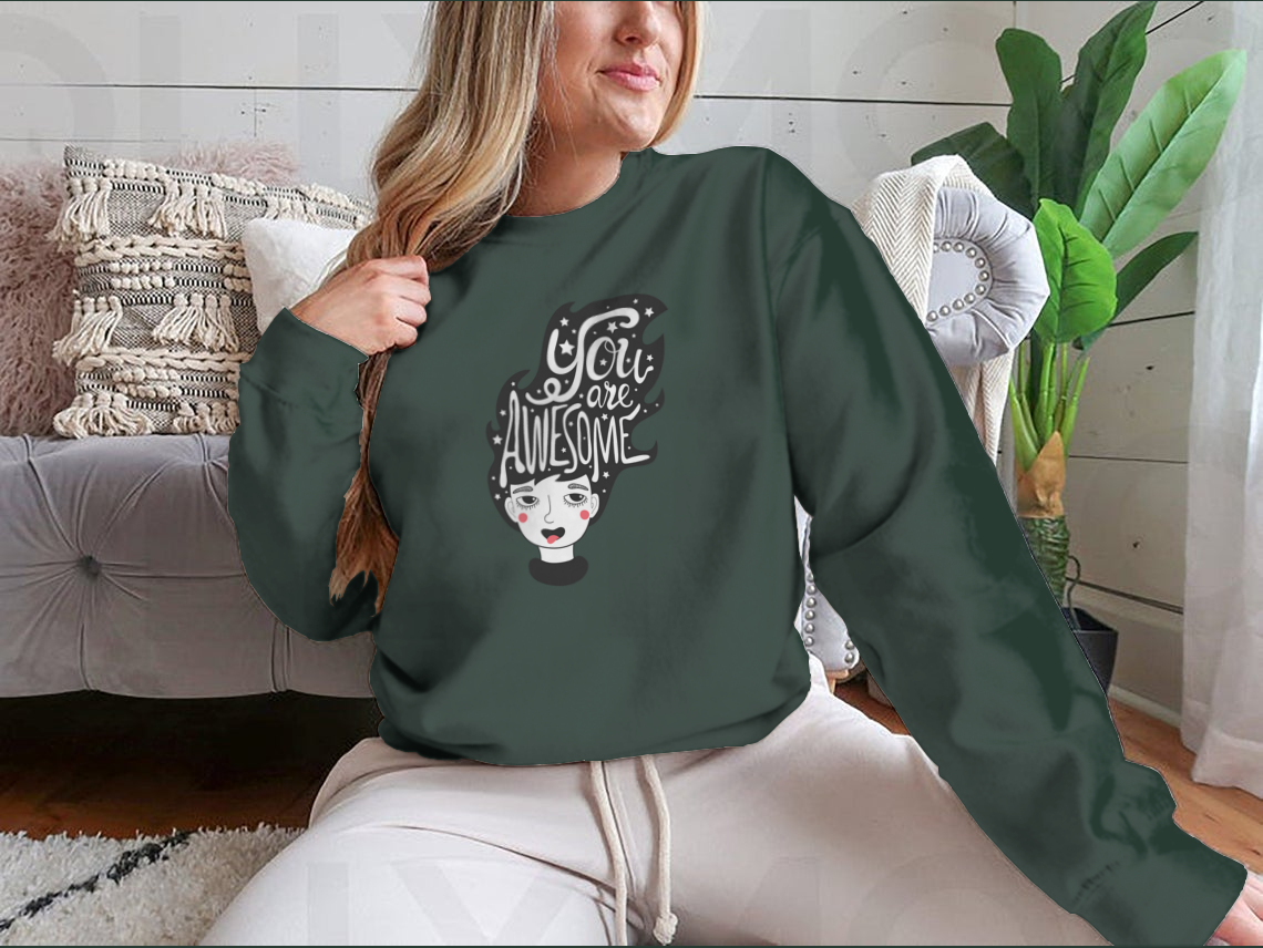 A cozy sweatshirt featuring a funny long hair woman design surrounded by stars, perfect for casual wear.