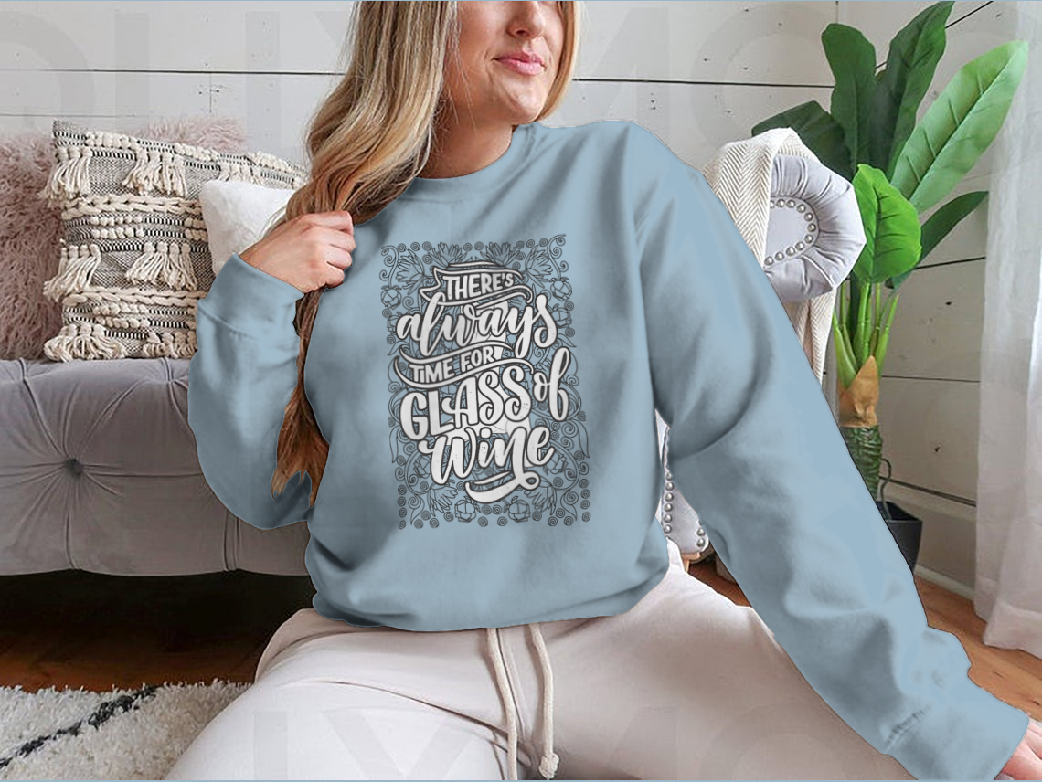 Coloring book style design featuring a humorous saying about wine, showcasing vibrant colors and a playful theme.