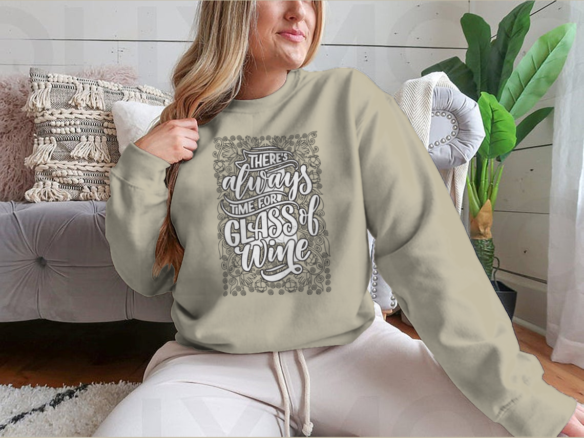 Coloring book style design featuring a humorous saying about wine, showcasing vibrant colors and a playful theme.