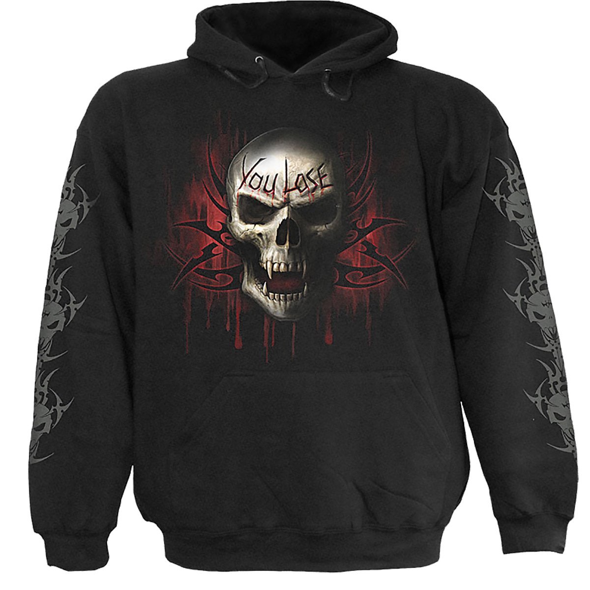 Black hoody featuring a skeleton Reaper design with tribal back print and 'You Lose' text.