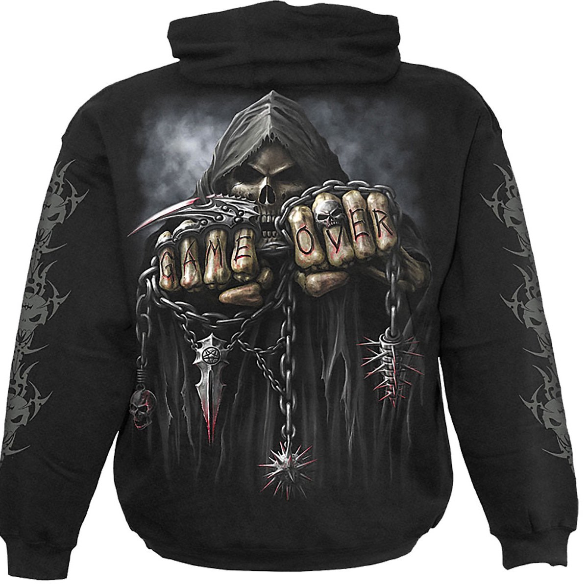 Black hoody featuring a skeleton Reaper design with tribal back print and 'You Lose' text.