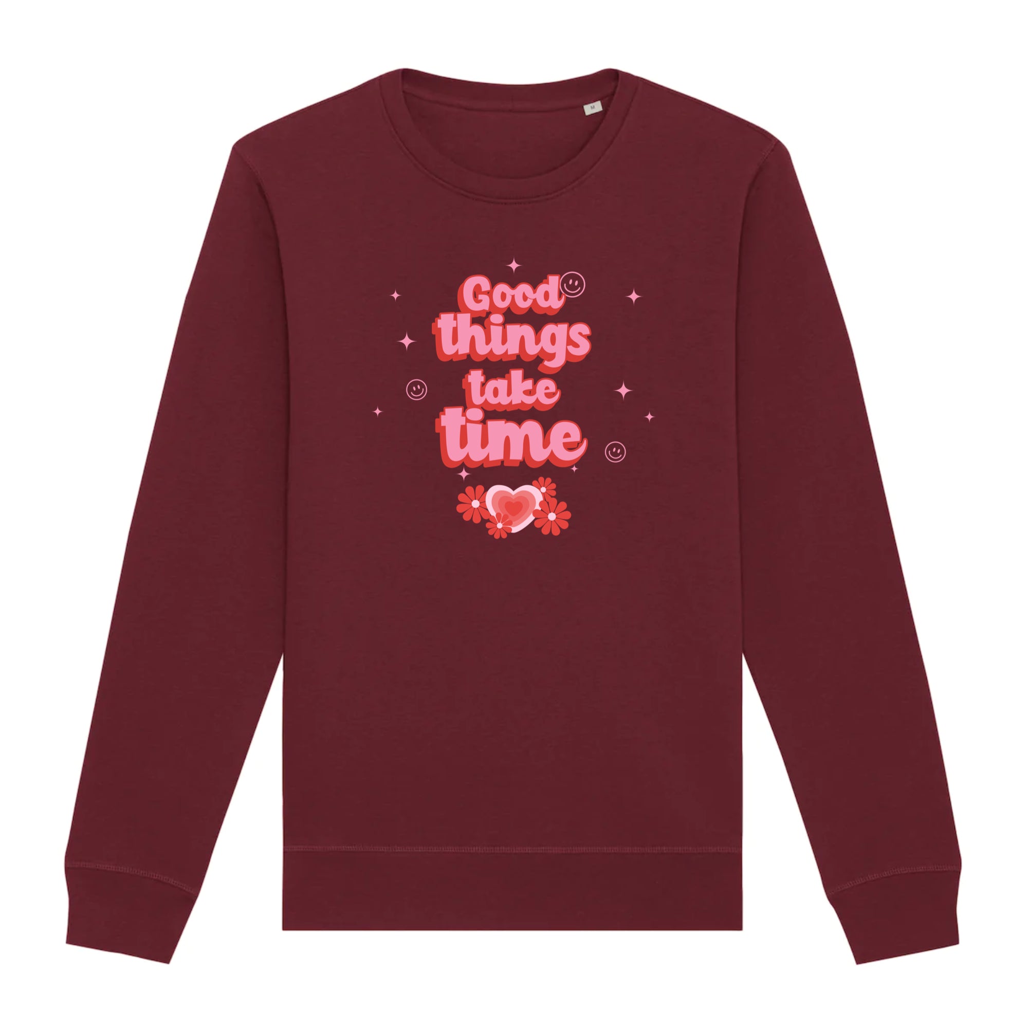 A cozy organic unisex sweatshirt in a neutral color, featuring the phrase 'Good things take time' printed on the front, available in various sizes.