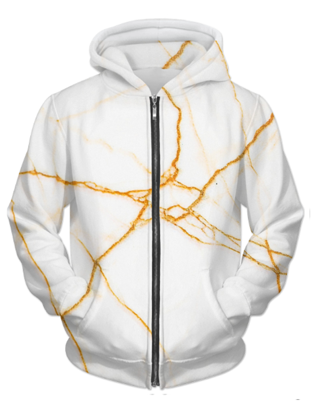 Gold and marble unisex zip hoodie displayed on a mannequin, showcasing vibrant colors and soft fabric.