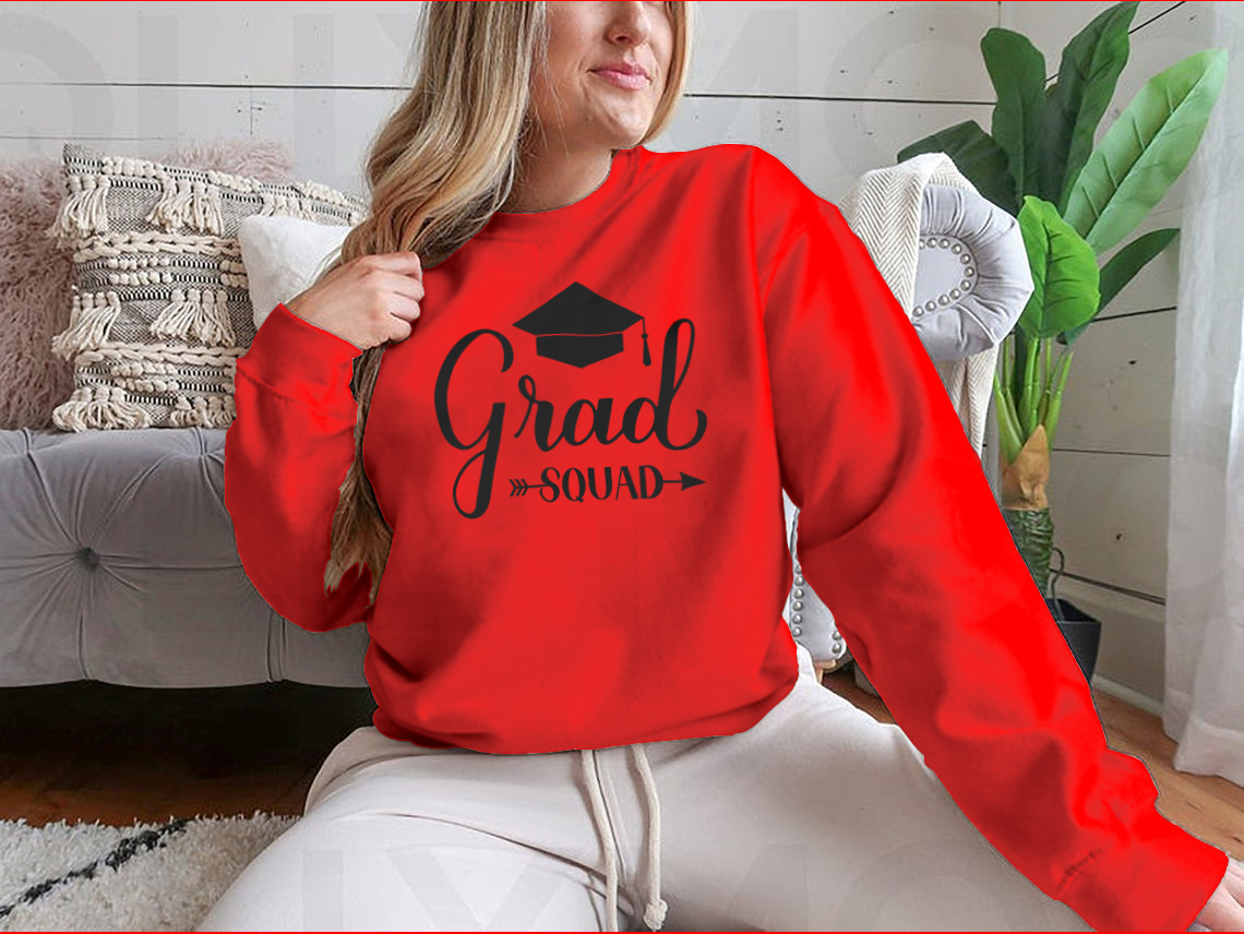 Grad Squad Calligraphy sweatshirt featuring a graduation cap design, made from soft cotton fabric.