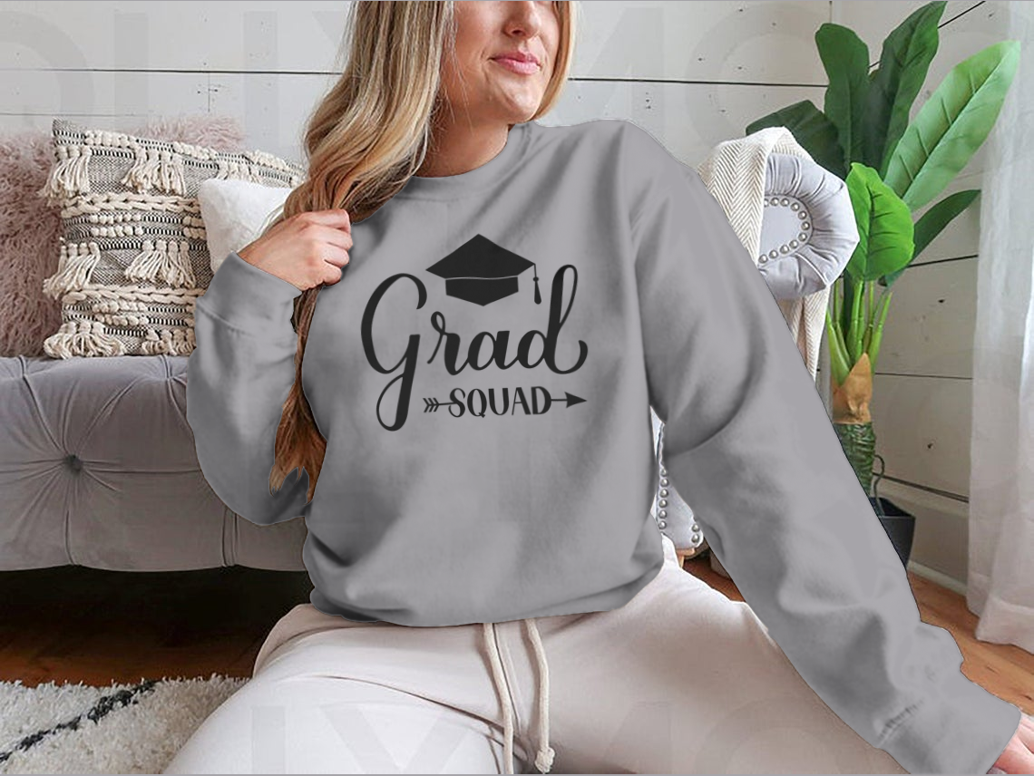 Grad Squad Calligraphy sweatshirt featuring a graduation cap design, made from soft cotton fabric.