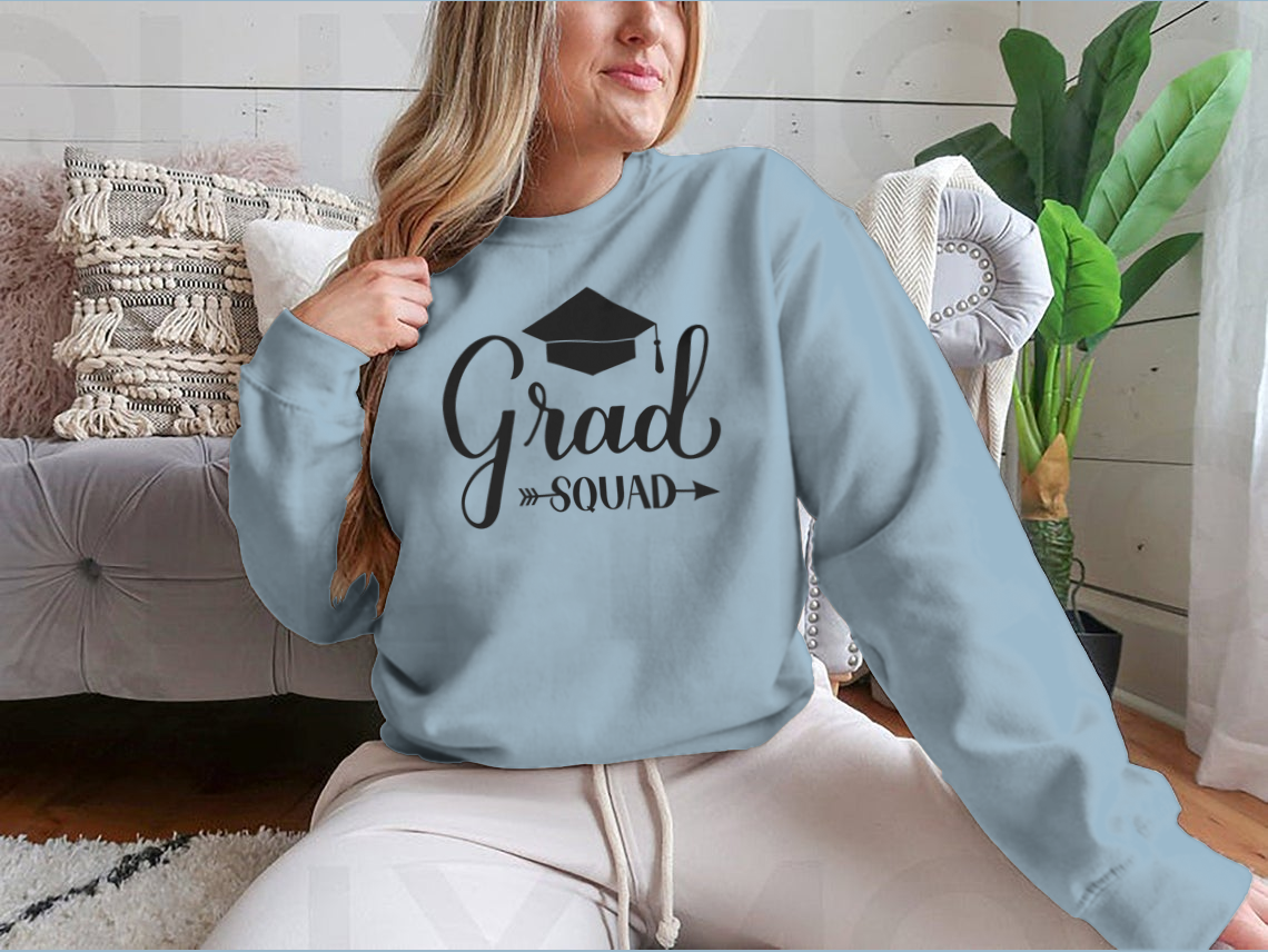 Grad Squad Calligraphy sweatshirt featuring a graduation cap design, made from soft cotton fabric.