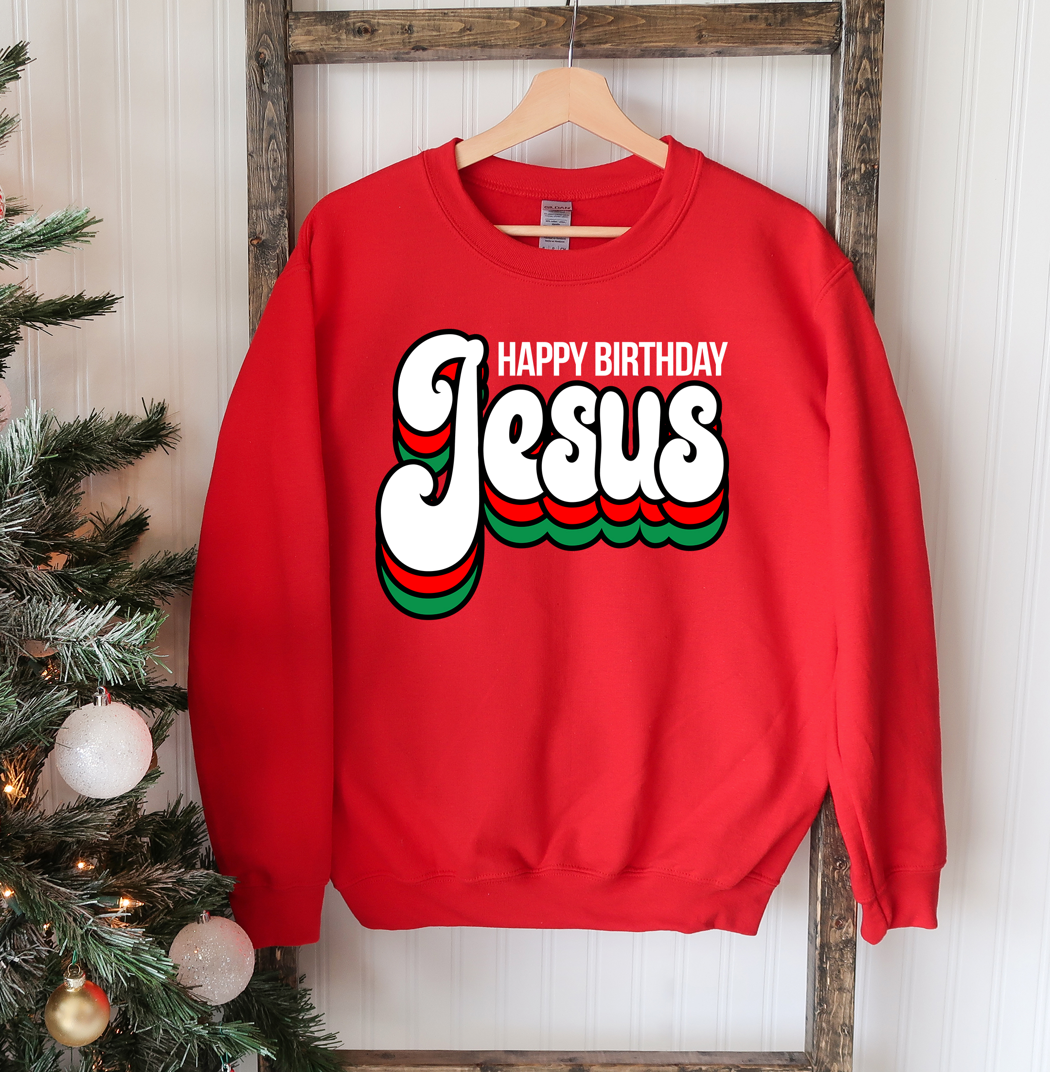 A cozy Happy Birthday Jesus Sweatshirt featuring a crew neck design, perfect for festive celebrations and everyday wear.