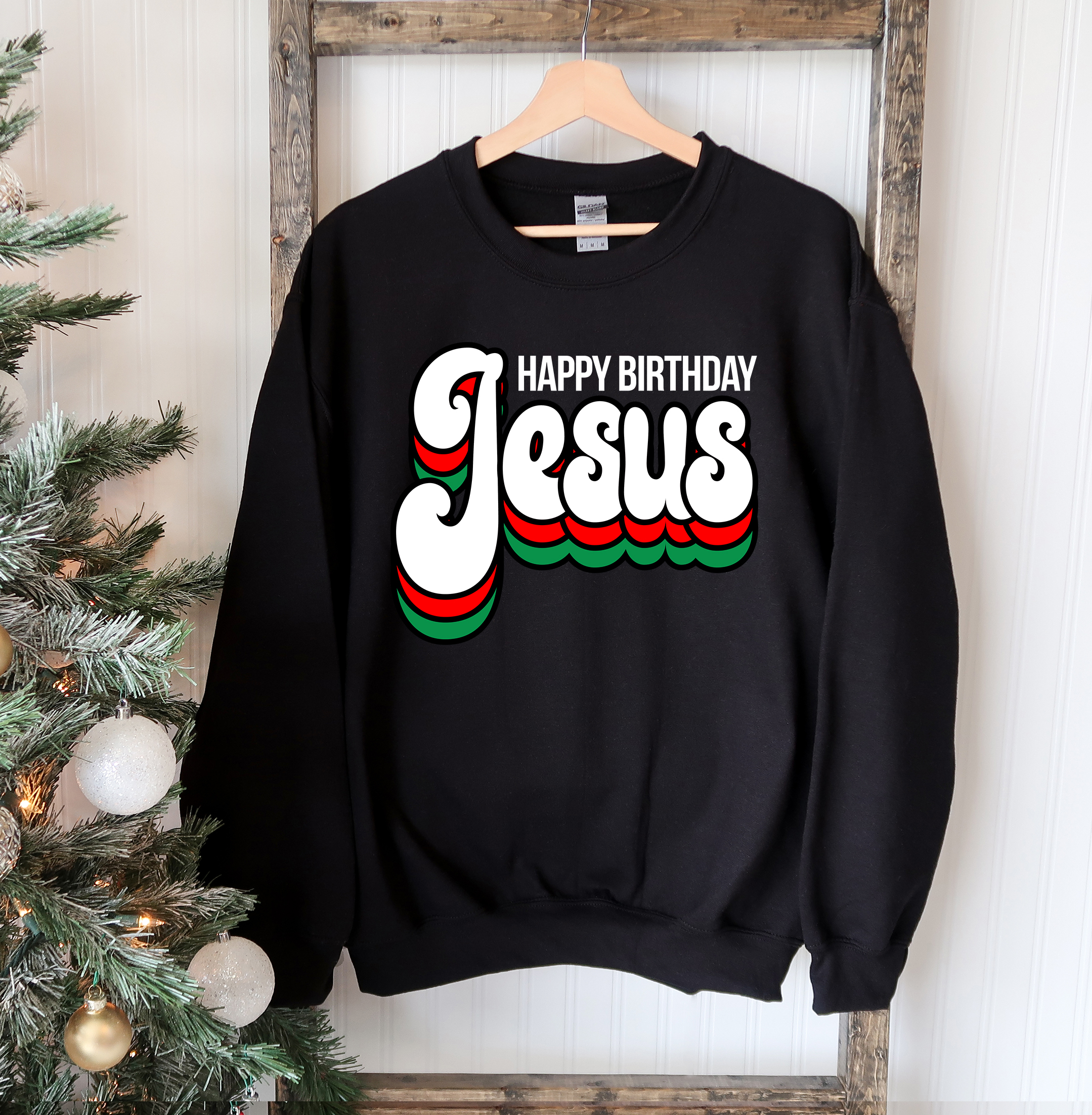 A cozy Happy Birthday Jesus Sweatshirt featuring a crew neck design, perfect for festive celebrations and everyday wear.