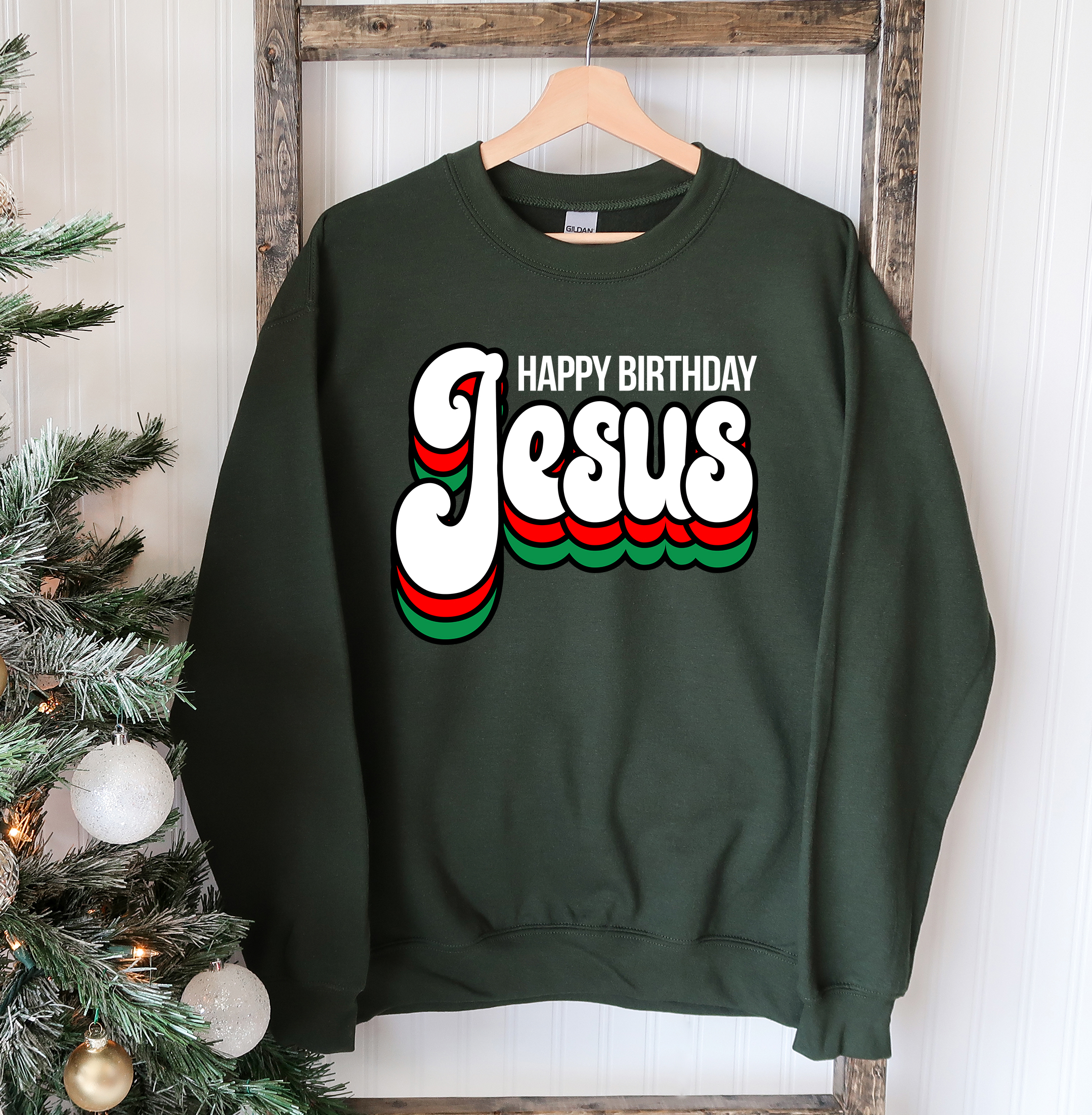 A cozy Happy Birthday Jesus Sweatshirt featuring a crew neck design, perfect for festive celebrations and everyday wear.