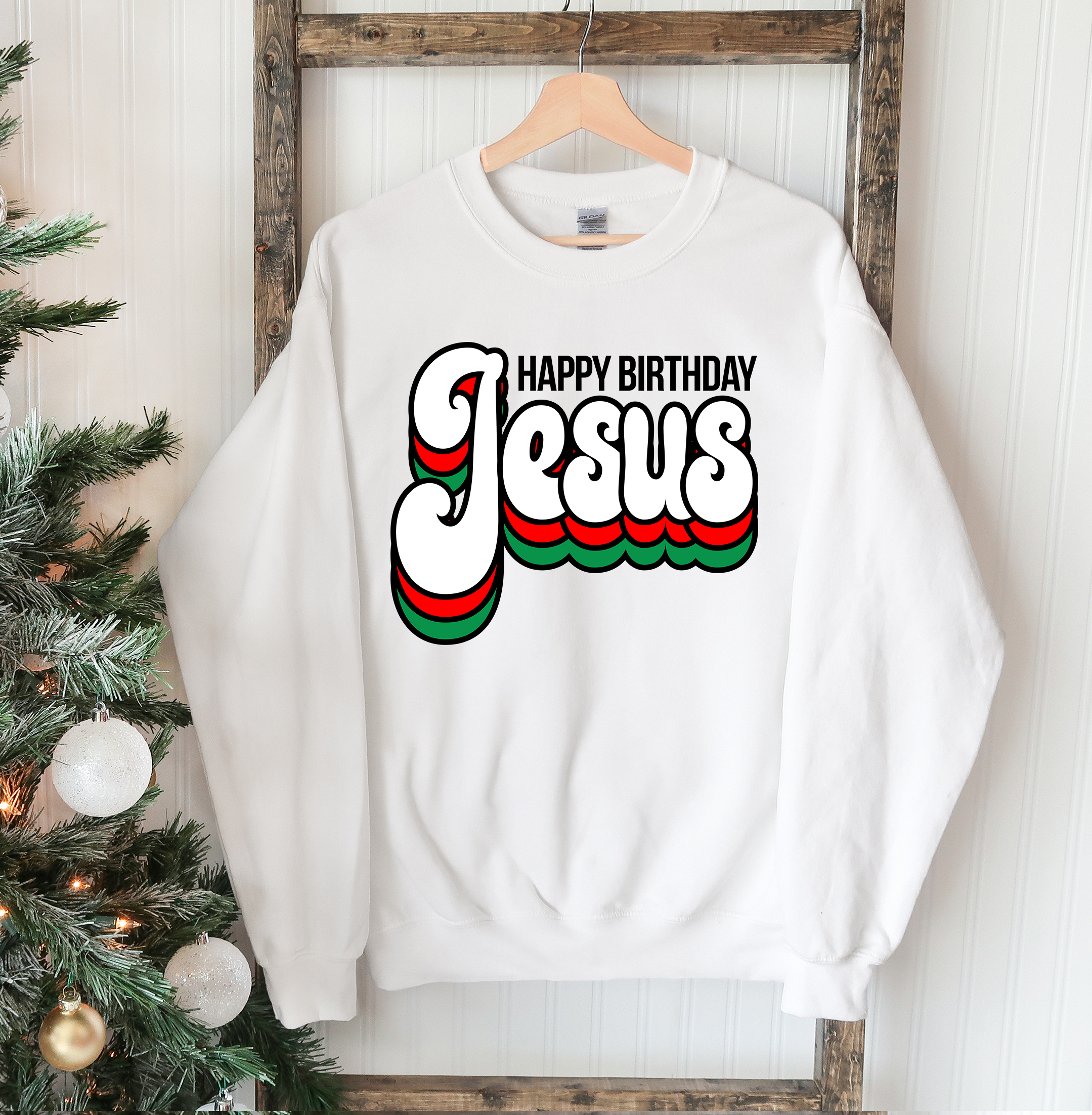 A cozy Happy Birthday Jesus Sweatshirt featuring a crew neck design, perfect for festive celebrations and everyday wear.