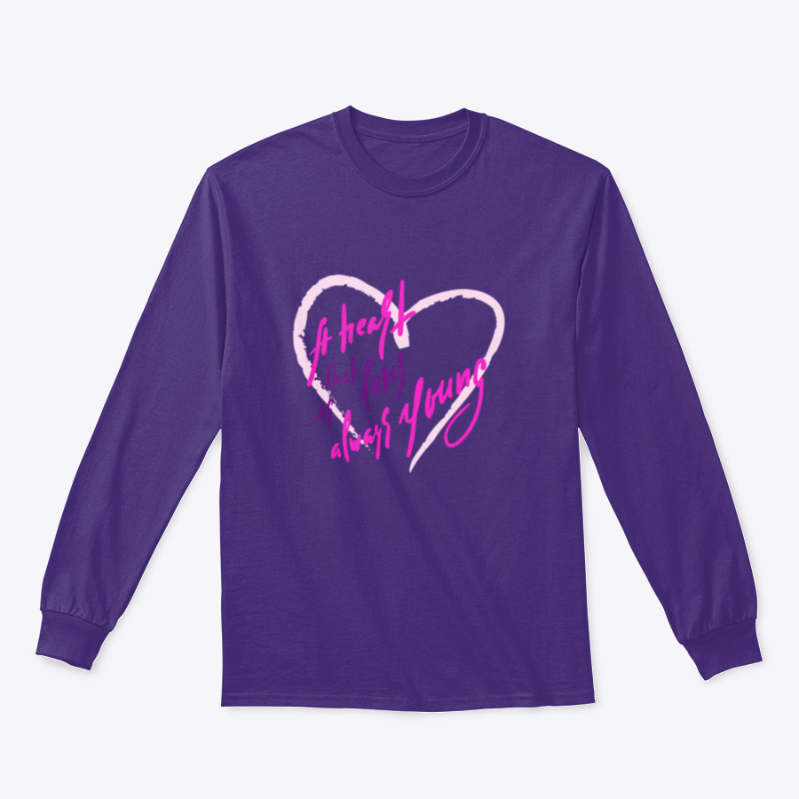 Elegant motivational quote tee featuring 'Heart That Loves Is Always Young' design, made from soft cotton/polyester blend.