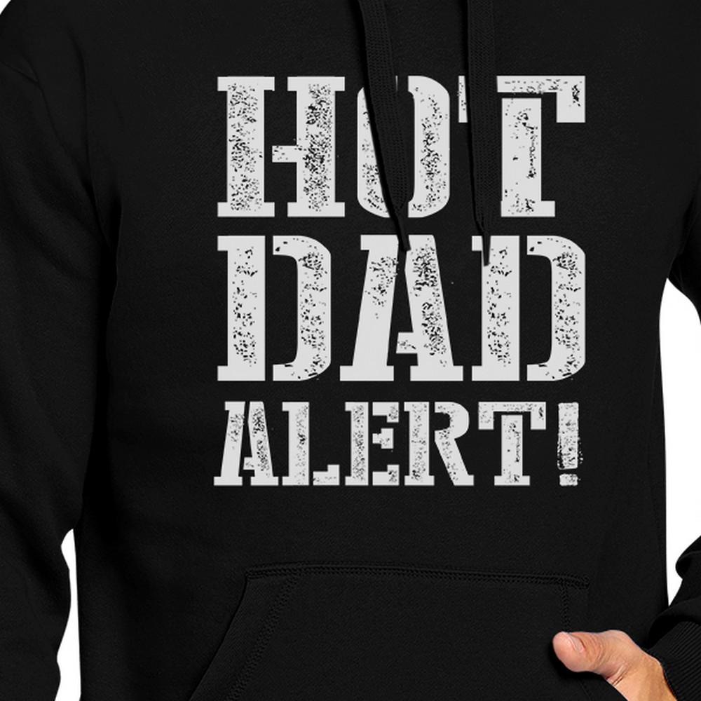 A stylish unisex black hoodie featuring a 'Hot Dad Alert' graphic, perfect for Father's Day gifts.