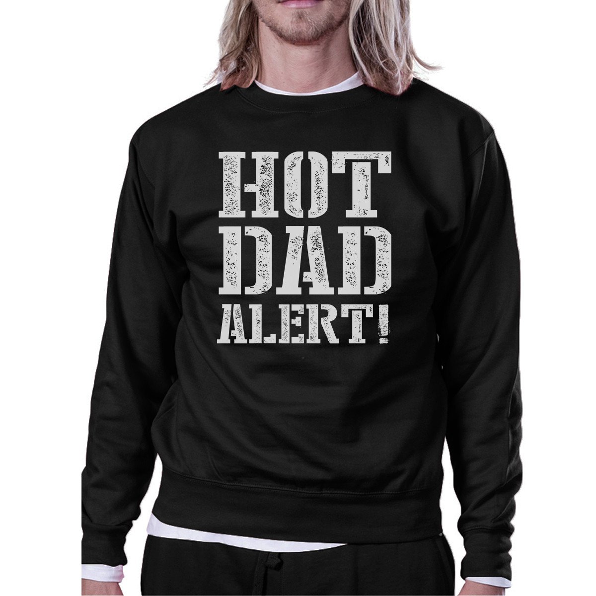 Unisex black graphic sweatshirt with 'Hot Dad Alert' design, perfect for Father's Day gifts.