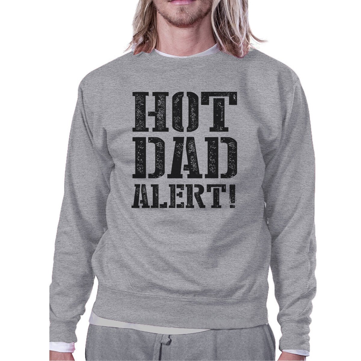 Unisex grey sweatshirt with 'Hot Dad Alert' design, perfect for Father's Day gifts.