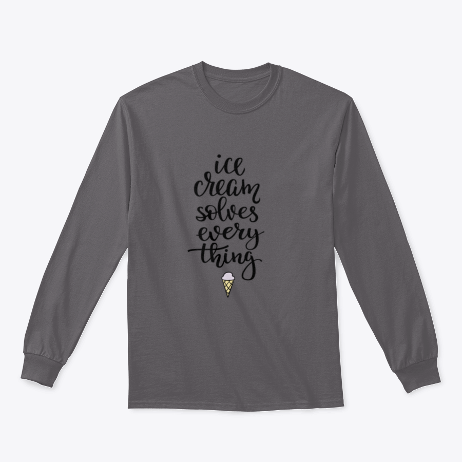 A stylish t-shirt featuring the phrase 'Ice Cream Solves Everything' in elegant calligraphy design, showcasing a blend of cotton and polyester fabric.