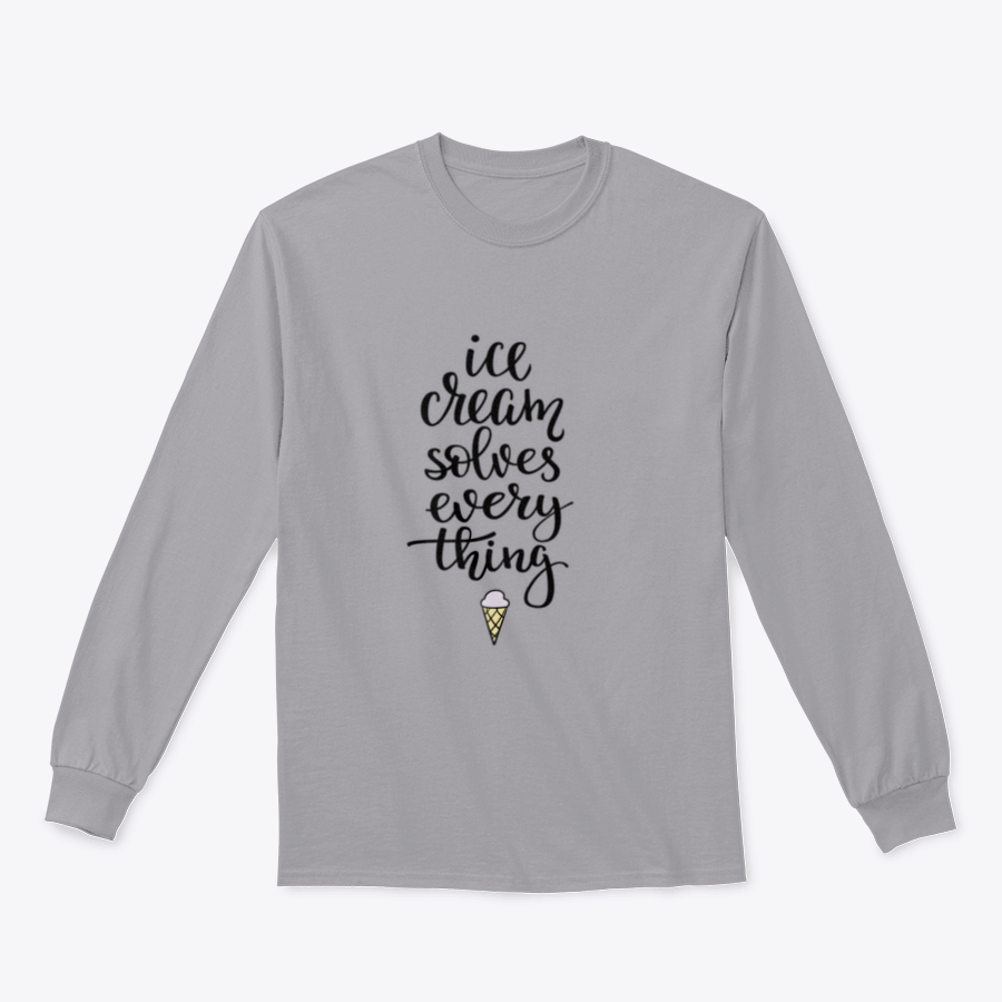 A stylish t-shirt featuring the phrase 'Ice Cream Solves Everything' in elegant calligraphy design, showcasing a blend of cotton and polyester fabric.