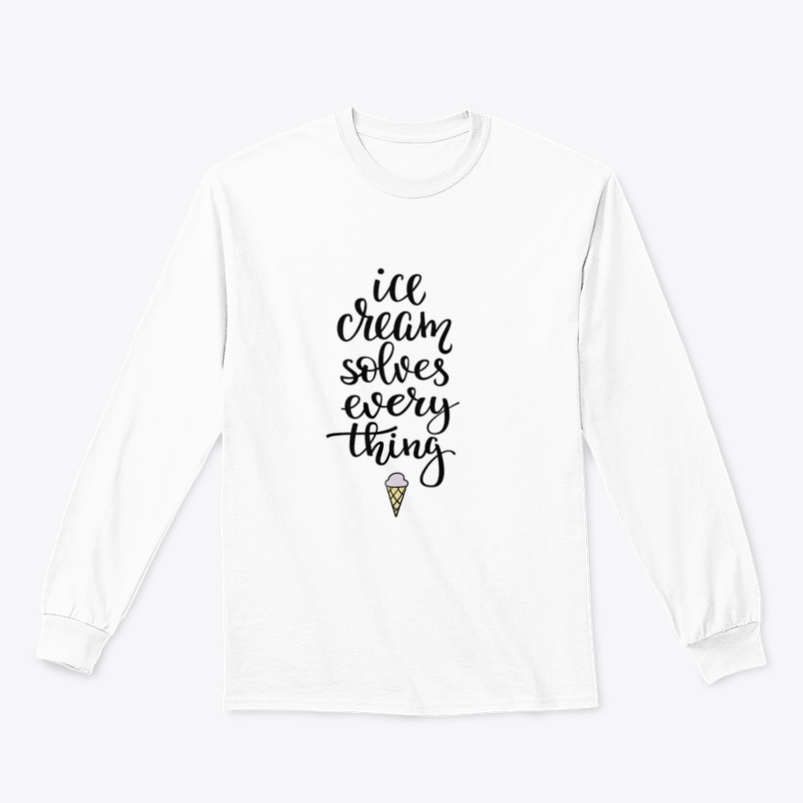 A stylish t-shirt featuring the phrase 'Ice Cream Solves Everything' in elegant calligraphy design, showcasing a blend of cotton and polyester fabric.