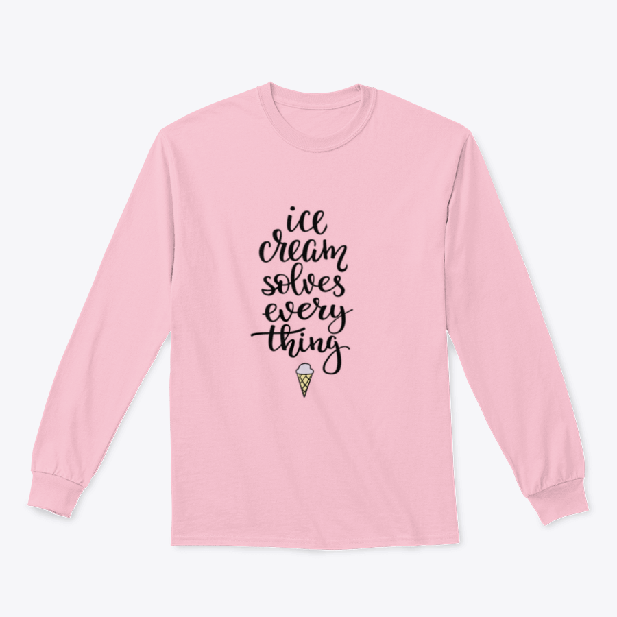 A stylish t-shirt featuring the phrase 'Ice Cream Solves Everything' in elegant calligraphy design, showcasing a blend of cotton and polyester fabric.