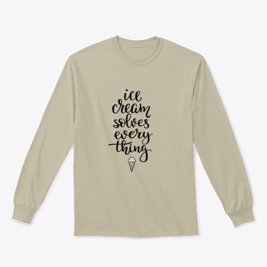 A stylish t-shirt featuring the phrase 'Ice Cream Solves Everything' in elegant calligraphy design, showcasing a blend of cotton and polyester fabric.