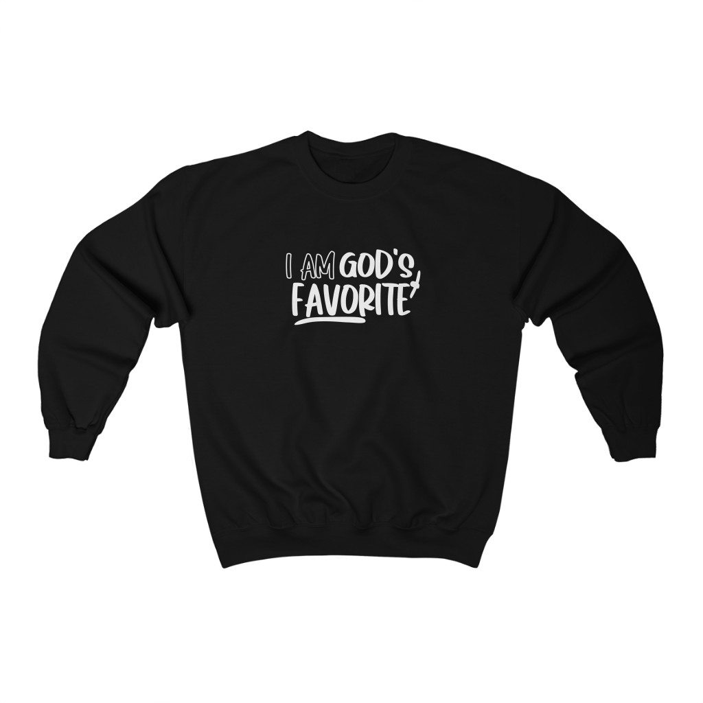 A cozy Gildan sweatshirt featuring the phrase 'I'm God's Favorite' printed on the front, showcasing a loose fit and available in various sizes.