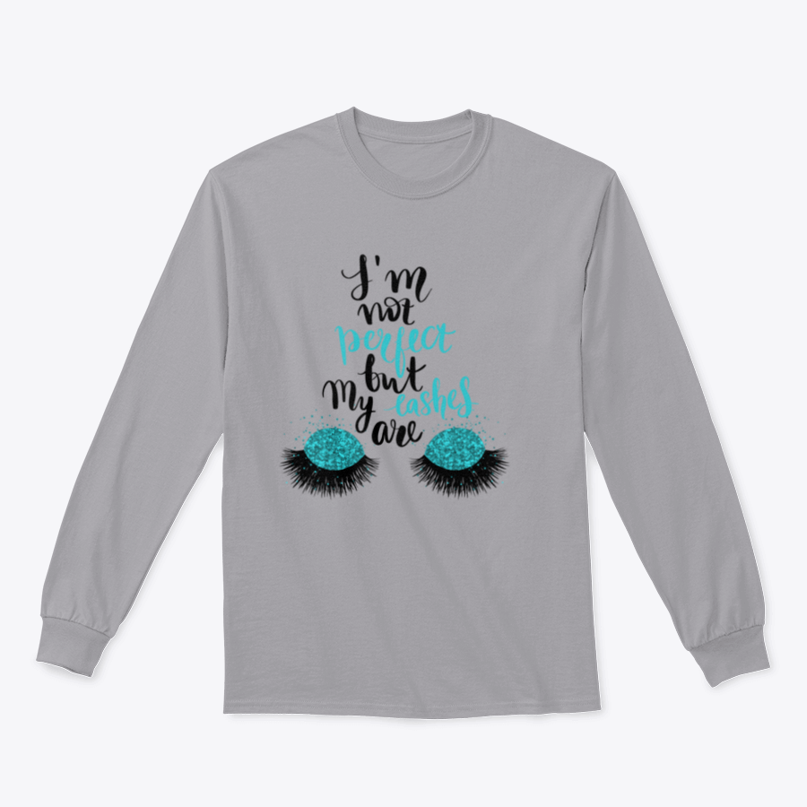 A stylish t-shirt featuring the phrase 'I'm Not Perfect, But My Lashes Are' in a motivational design, showcasing a classic fit and soft fabric.