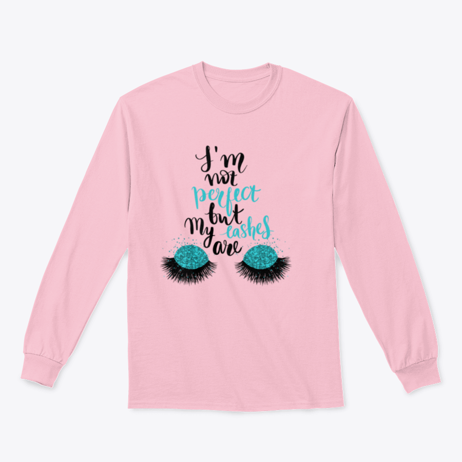 A stylish t-shirt featuring the phrase 'I'm Not Perfect, But My Lashes Are' in a motivational design, showcasing a classic fit and soft fabric.