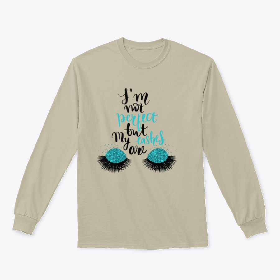 A stylish t-shirt featuring the phrase 'I'm Not Perfect, But My Lashes Are' in a motivational design, showcasing a classic fit and soft fabric.