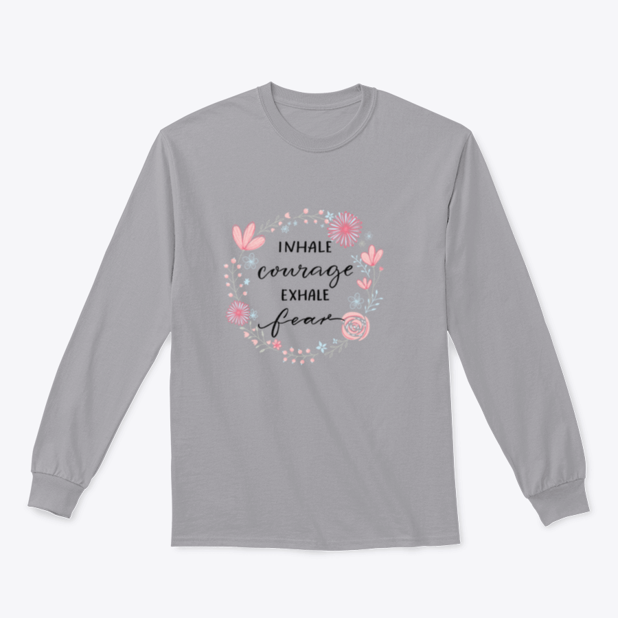 Inhale Courage Exhale Fear floral wreath design on a comfortable fabric, showcasing vibrant colors and inspirational text.