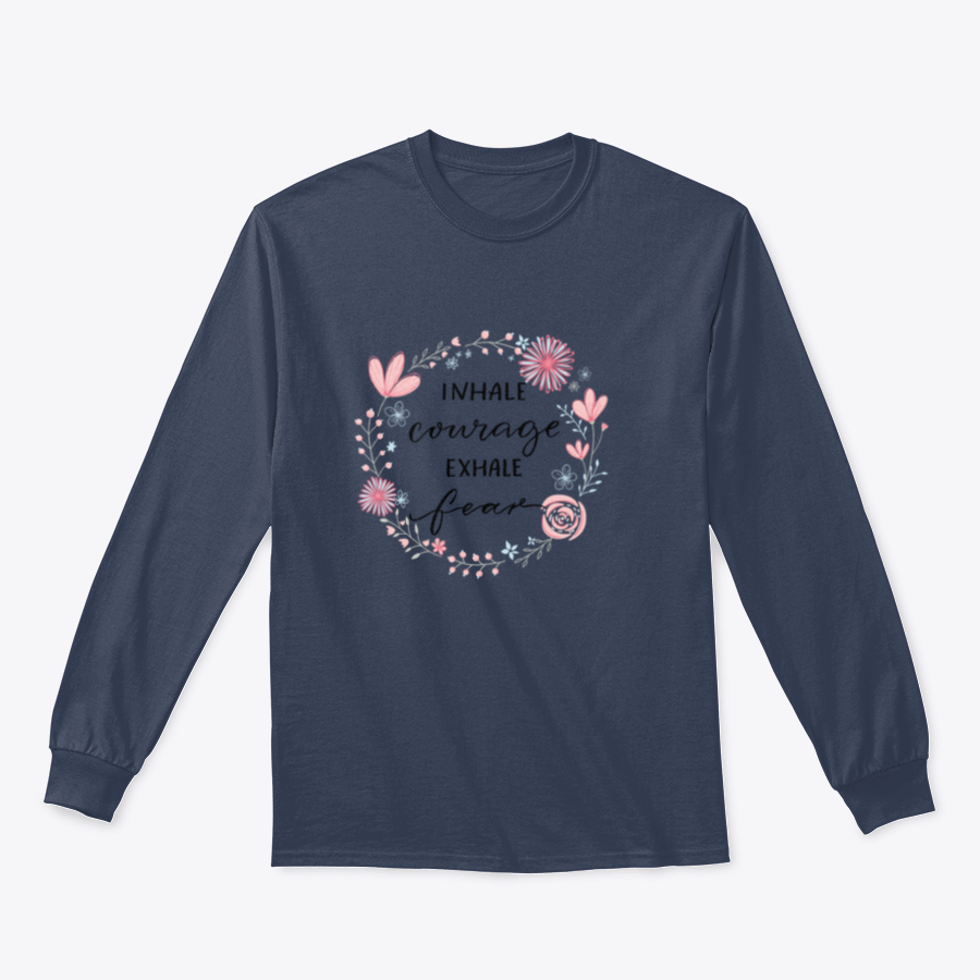 Inhale Courage Exhale Fear floral wreath design on a comfortable fabric, showcasing vibrant colors and inspirational text.