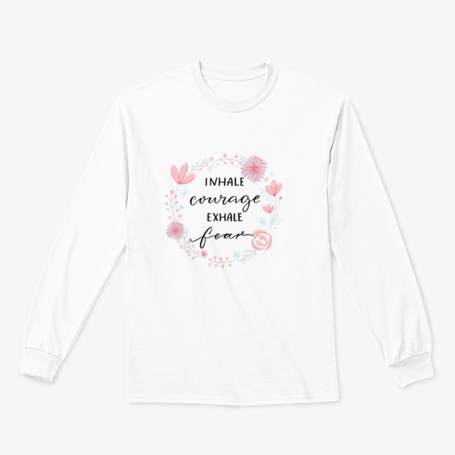 Inhale Courage Exhale Fear floral wreath design on a comfortable fabric, showcasing vibrant colors and inspirational text.