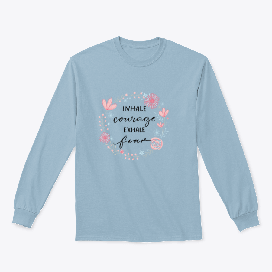 Inhale Courage Exhale Fear floral wreath design on a comfortable fabric, showcasing vibrant colors and inspirational text.