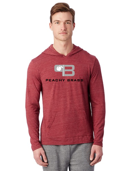 A soft and lightweight Jersey Style Pullover Hoodie in a casual setting, showcasing its kangaroo pocket and side slit design.