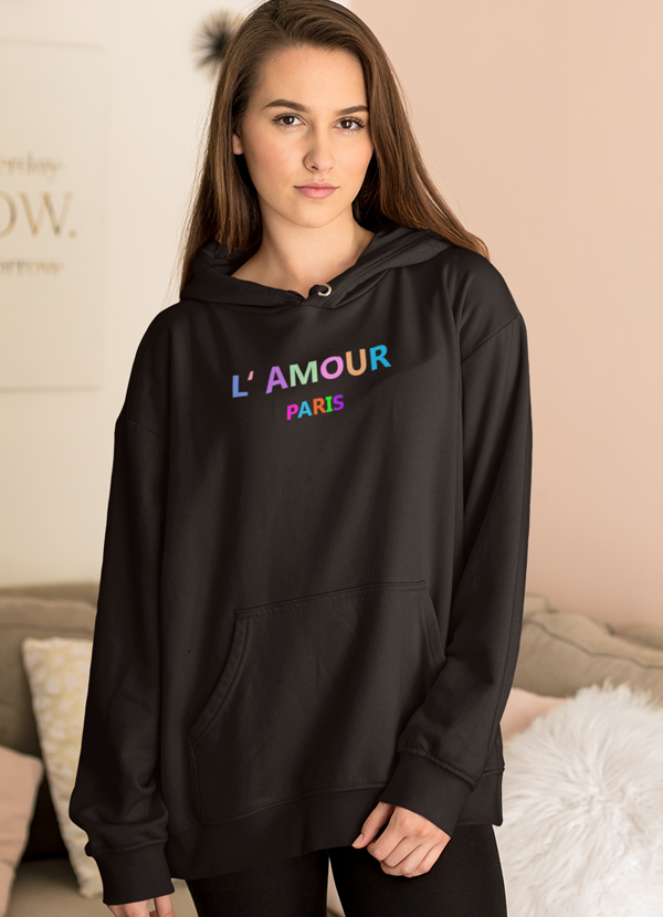 L' Amour Hoodie featuring a unique artistic design, made from cozy cotton/poly fleece blend with an adjustable hood.