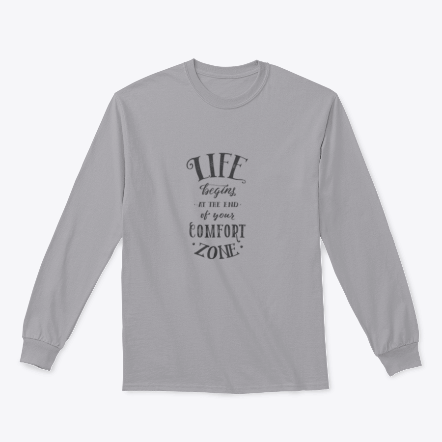 Inspirational t-shirt featuring the quote 'Life Begins At The End Of Your Comfort Zone' in a stylish design, made from a soft cotton/polyester blend.