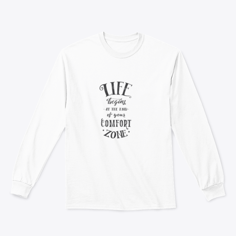 Inspirational t-shirt featuring the quote 'Life Begins At The End Of Your Comfort Zone' in a stylish design, made from a soft cotton/polyester blend.