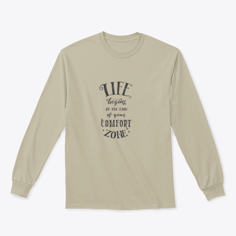 Inspirational t-shirt featuring the quote 'Life Begins At The End Of Your Comfort Zone' in a stylish design, made from a soft cotton/polyester blend.