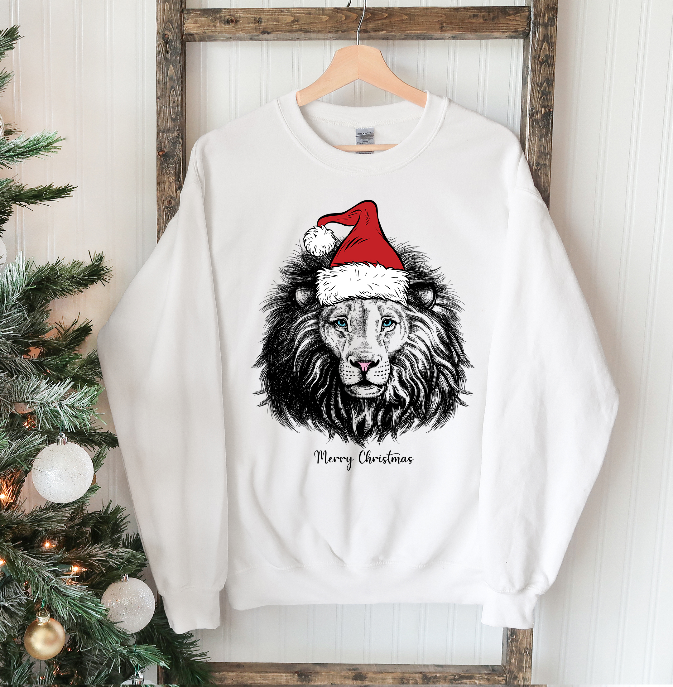 A cozy Lion Christmas Sweatshirt featuring a classic crew neck design, perfect for festive occasions.