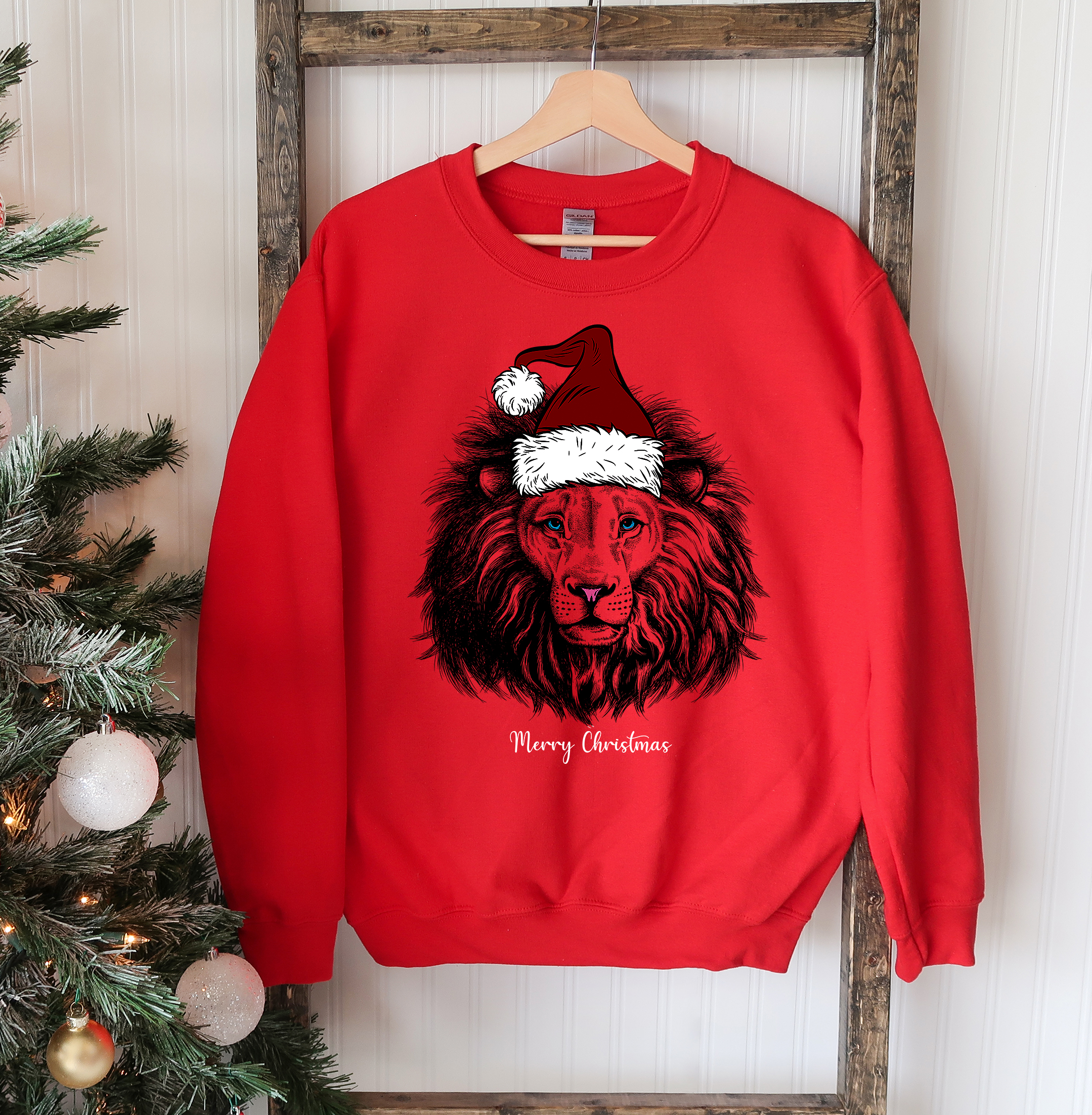 A cozy Lion Christmas Sweatshirt featuring a classic crew neck design, perfect for festive occasions.