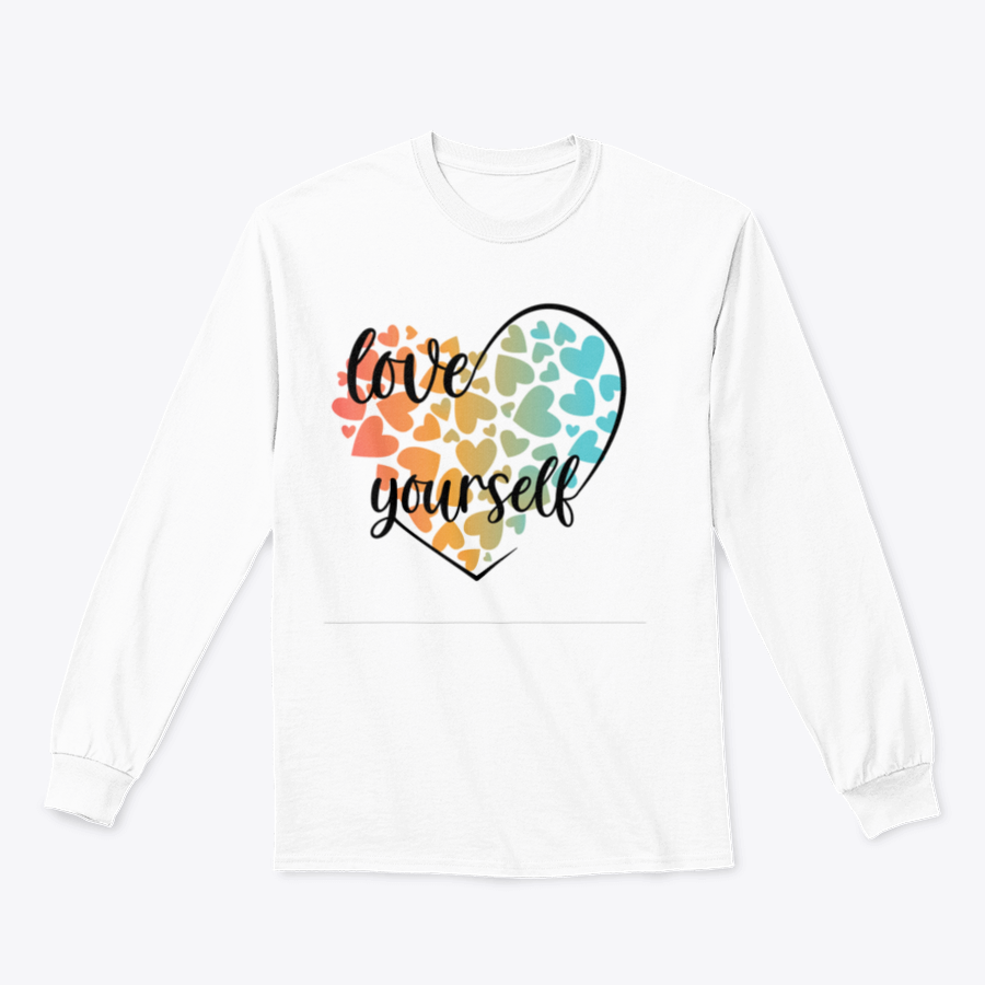 A cozy sweatshirt featuring a unique Love Yourself design with hearts and lettering, perfect for casual wear.