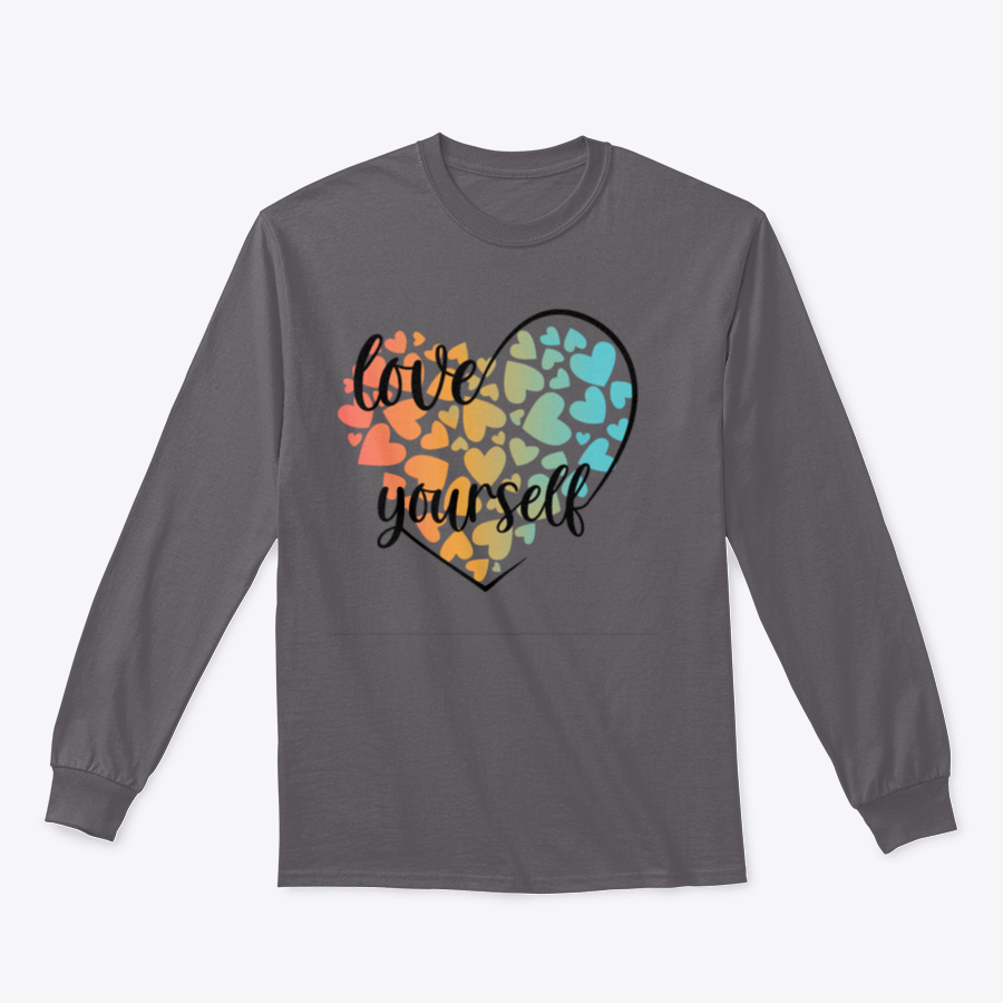 A cozy sweatshirt featuring a unique Love Yourself design with hearts and lettering, perfect for casual wear.