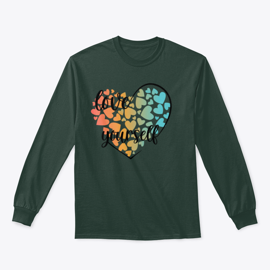 A cozy sweatshirt featuring a unique Love Yourself design with hearts and lettering, perfect for casual wear.